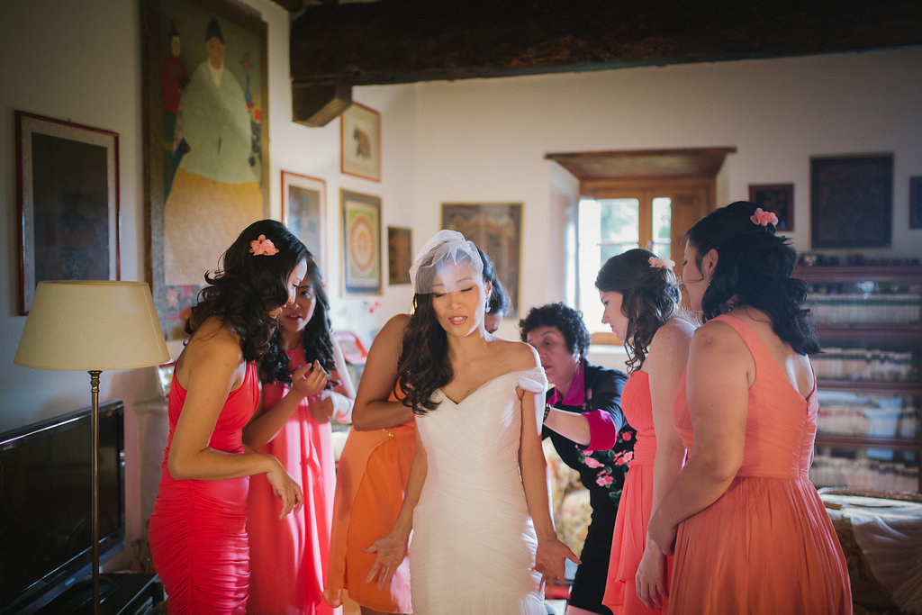 Wearing bridal dress, destination wedding in Tuscany Villa