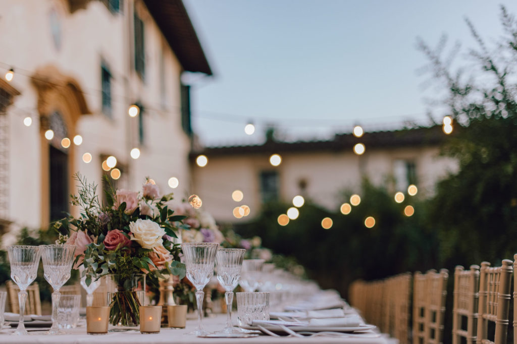 String lights at Villa Le Piazzole Sikh ceremony Priest in Italy by Italian Wedding Designer